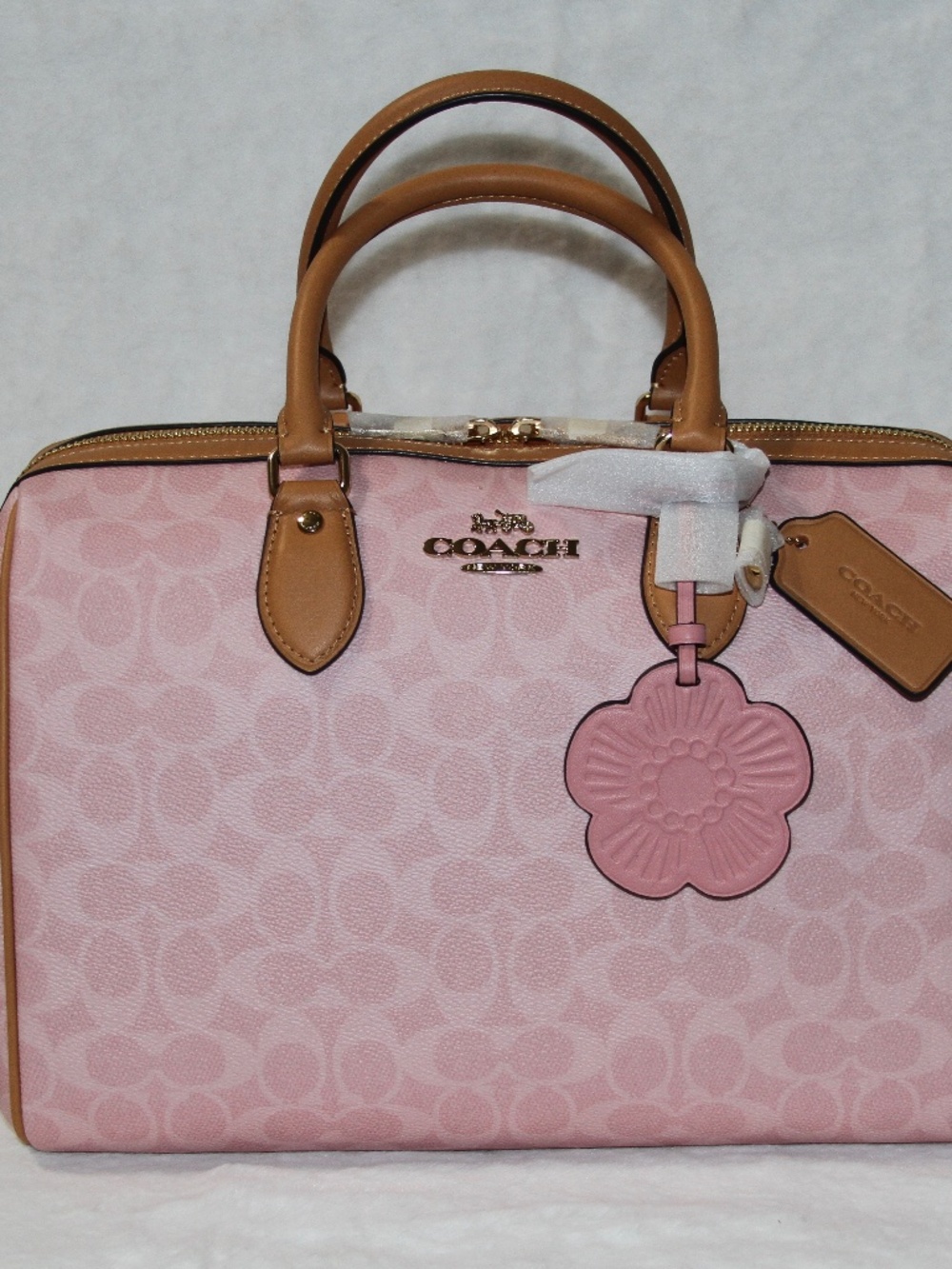 NWT COACH Large Rowan Powder pink Satchel Bag With Tea Rose Charms